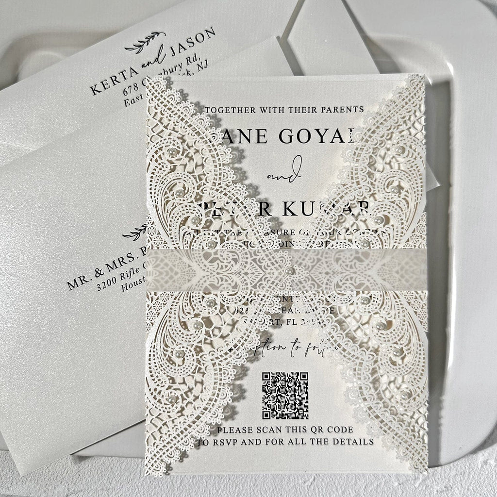 Elegant Ivory Pearl Lace Laser Cut Wedding Invitation, Vellum Belly Bands, QR Code Wedding Ceremony Supplies Picky Bride 