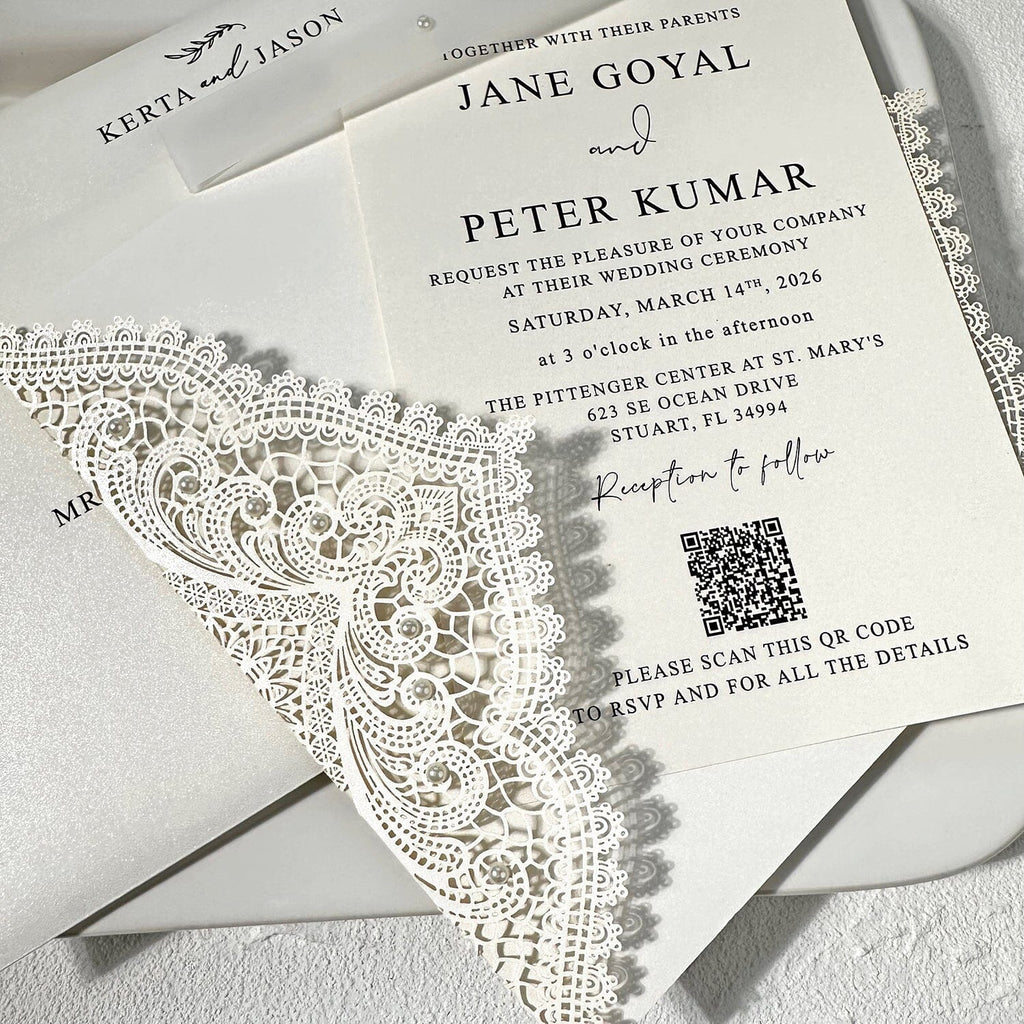 Elegant Ivory Pearl Lace Laser Cut Wedding Invitation, Vellum Belly Bands, QR Code Wedding Ceremony Supplies Picky Bride 