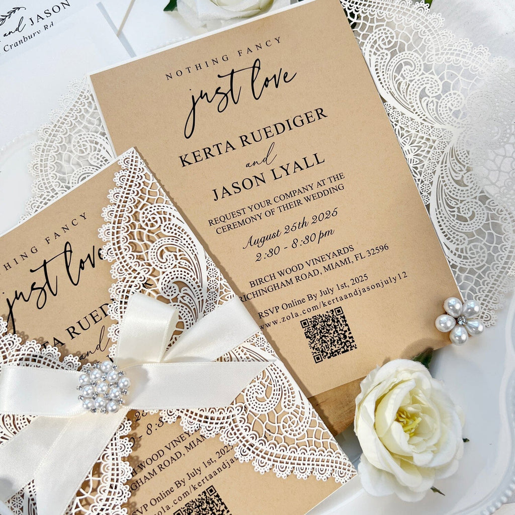 Elegant Lace and Pearl Wedding Invitation, Vintage Ivory and Kraft Invites with Diamante Brooch Bow, Personalized QR Code Invitations Wedding Ceremony Supplies Picky Bride 