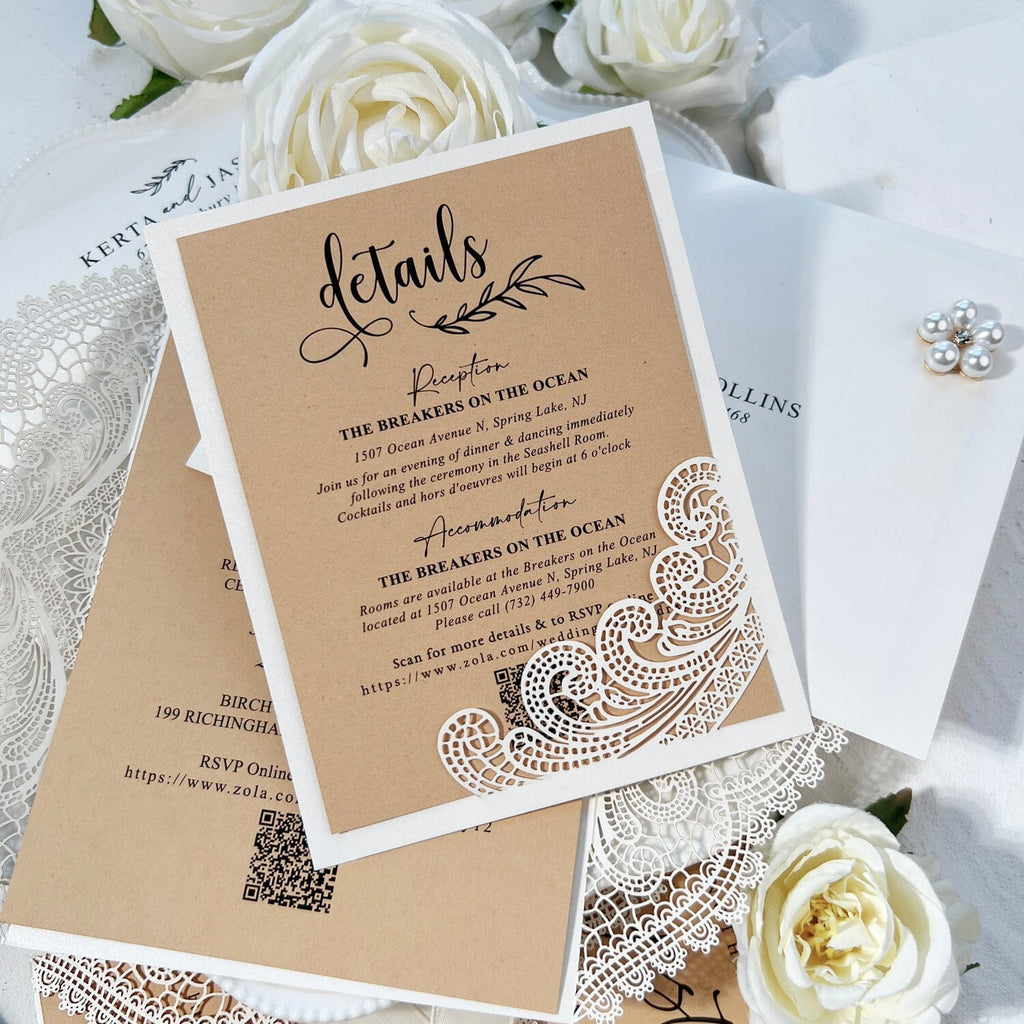 Elegant Lace and Pearl Wedding Invitation, Vintage Ivory and Kraft Invites with Diamante Brooch Bow, Personalized QR Code Invitations Wedding Ceremony Supplies Picky Bride 