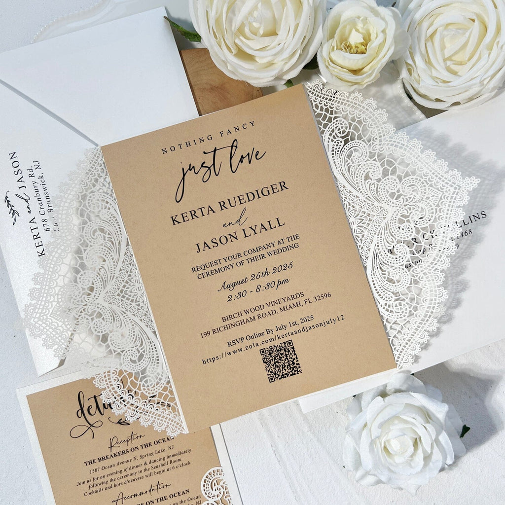 Elegant Lace and Pearl Wedding Invitation, Vintage Ivory and Kraft Invites with Diamante Brooch Bow, Personalized QR Code Invitations Wedding Ceremony Supplies Picky Bride 