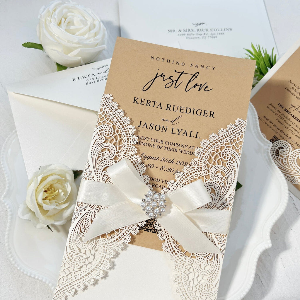 Elegant Lace and Pearl Wedding Invitation, Vintage Ivory and Kraft Invites with Diamante Brooch Bow, Personalized QR Code Invitations Wedding Ceremony Supplies Picky Bride 