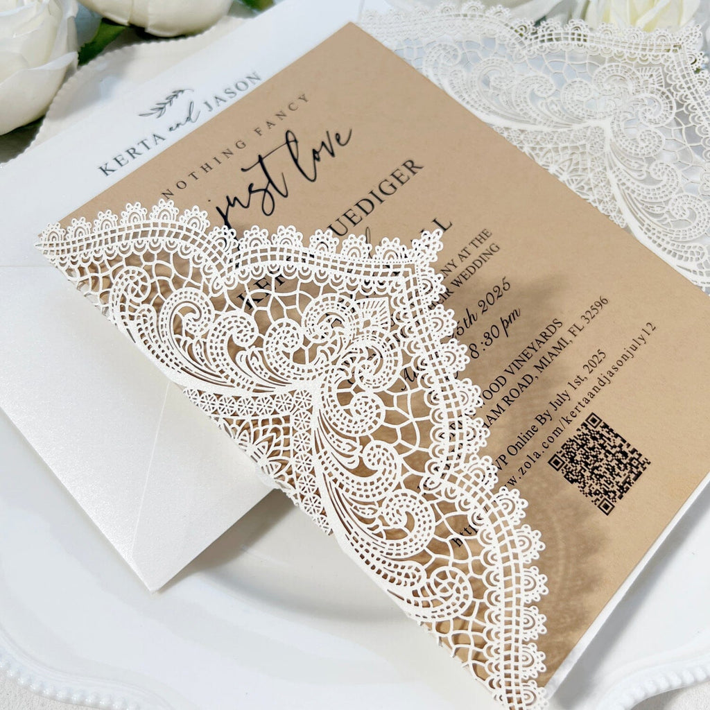Elegant Lace and Pearl Wedding Invitation, Vintage Ivory and Kraft Invites with Diamante Brooch Bow, Personalized QR Code Invitations Wedding Ceremony Supplies Picky Bride 