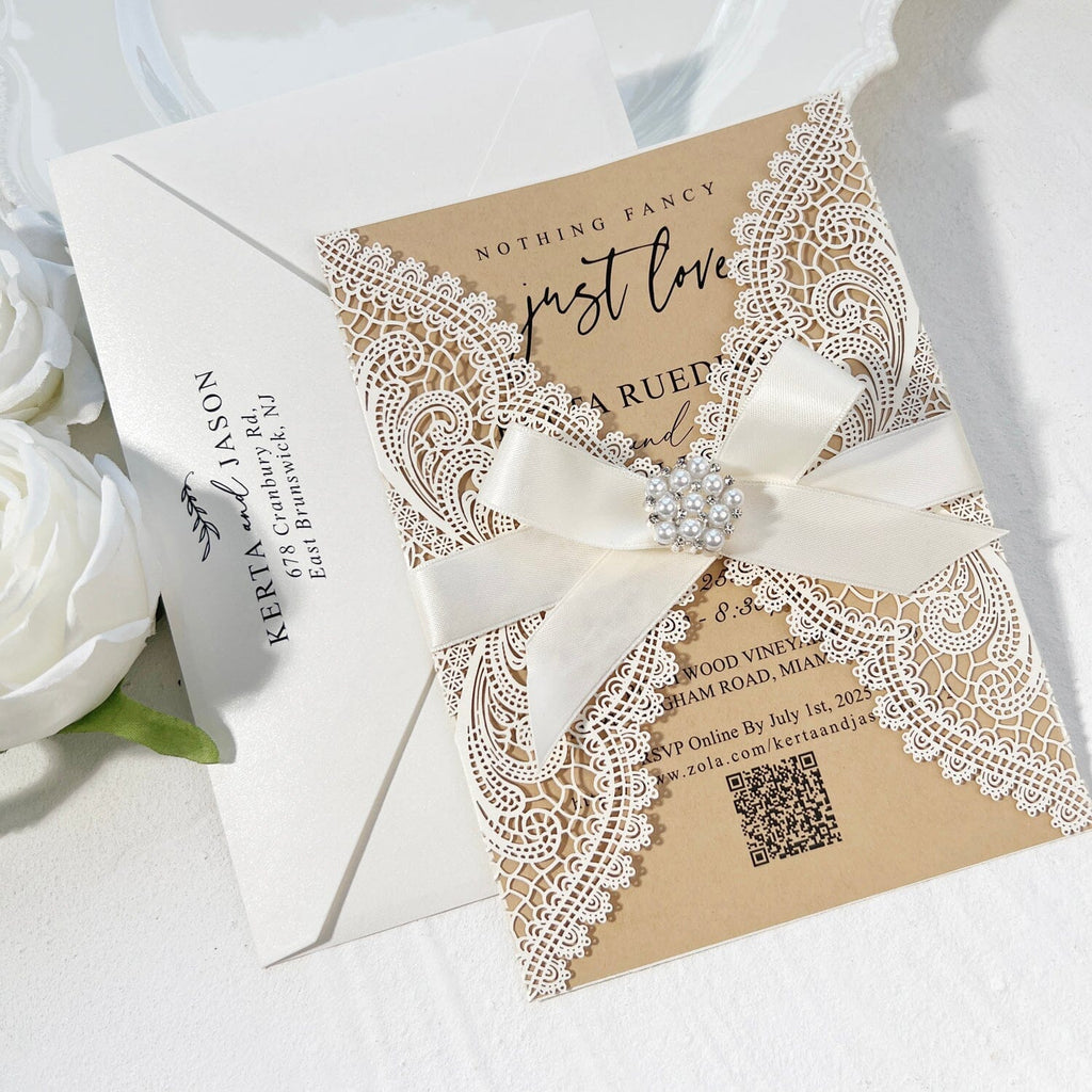 Elegant Lace and Pearl Wedding Invitation, Vintage Ivory and Kraft Invites with Diamante Brooch Bow, Personalized QR Code Invitations Wedding Ceremony Supplies Picky Bride 