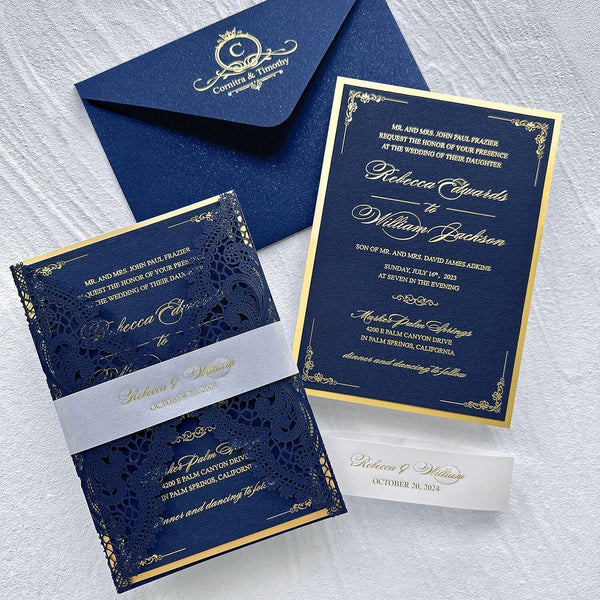 Elegant Navy and Gold Foil Wedding Invitation, Luxury Gold Double-layer and Lace Laser Cut Covers Invites, Customized Vellum Belly Bands and Silk Ribbons as Choices Wedding Ceremony Supplies Picky Bride 