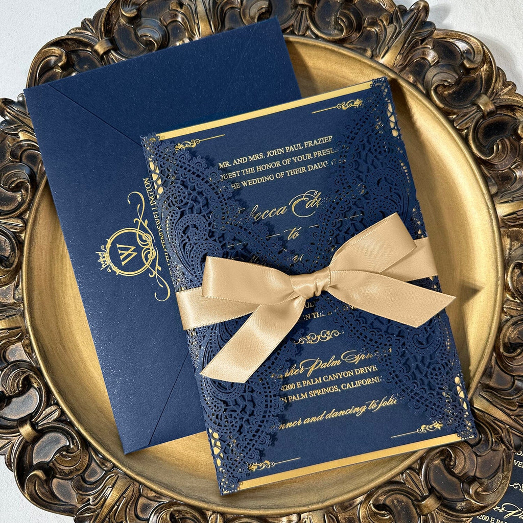 Elegant Navy and Gold Foil Wedding Invitation, Luxury Gold Double-layer and Lace Laser Cut Covers Invites, Customized Vellum Belly Bands and Silk Ribbons as Choices Wedding Ceremony Supplies Picky Bride 