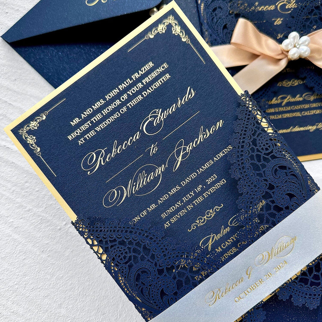 Elegant Navy and Gold Foil Wedding Invitation, Luxury Gold Double-layer and Lace Laser Cut Covers Invites, Customized Vellum Belly Bands and Silk Ribbons as Choices Wedding Ceremony Supplies Picky Bride 