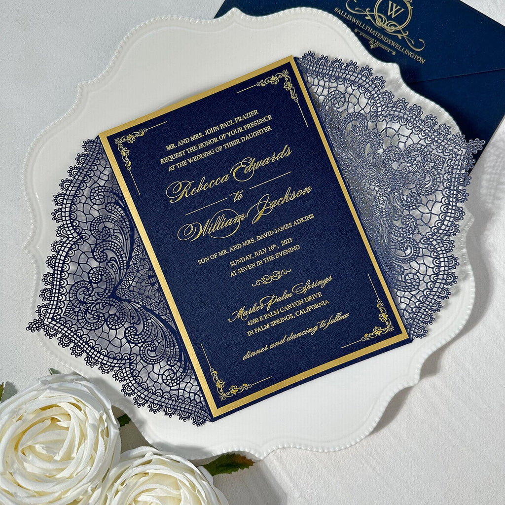Elegant Navy and Gold Foil Wedding Invitation, Luxury Gold Double-layer and Lace Laser Cut Covers Invites, Customized Vellum Belly Bands and Silk Ribbons as Choices Wedding Ceremony Supplies Picky Bride 