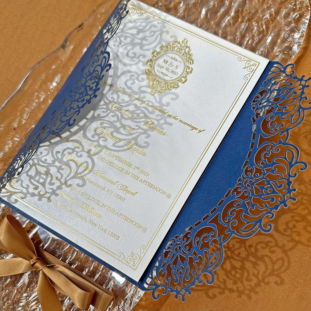 Elegant Navy Blue and Gold Wedding Invitations, Vintage Lace Laser Cut Invites with ribbon, Gold Foil and Pearl Ivory Invitation and RSVP Wedding Ceremony Supplies Picky Bride 