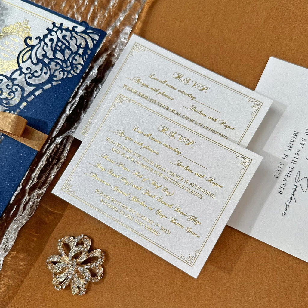 Elegant Navy Blue and Gold Wedding Invitations, Vintage Lace Laser Cut Invites with ribbon, Gold Foil and Pearl Ivory Invitation and RSVP Wedding Ceremony Supplies Picky Bride 