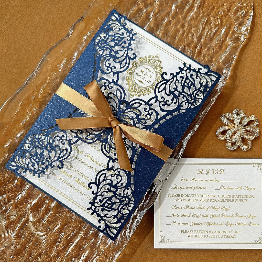 Elegant Navy Blue and Gold Wedding Invitations, Vintage Lace Laser Cut Invites with ribbon, Gold Foil and Pearl Ivory Invitation and RSVP Wedding Ceremony Supplies Picky Bride 