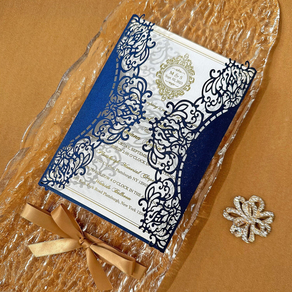 Elegant Navy Blue and Gold Wedding Invitations, Vintage Lace Laser Cut Invites with ribbon, Gold Foil and Pearl Ivory Invitation and RSVP Wedding Ceremony Supplies Picky Bride 