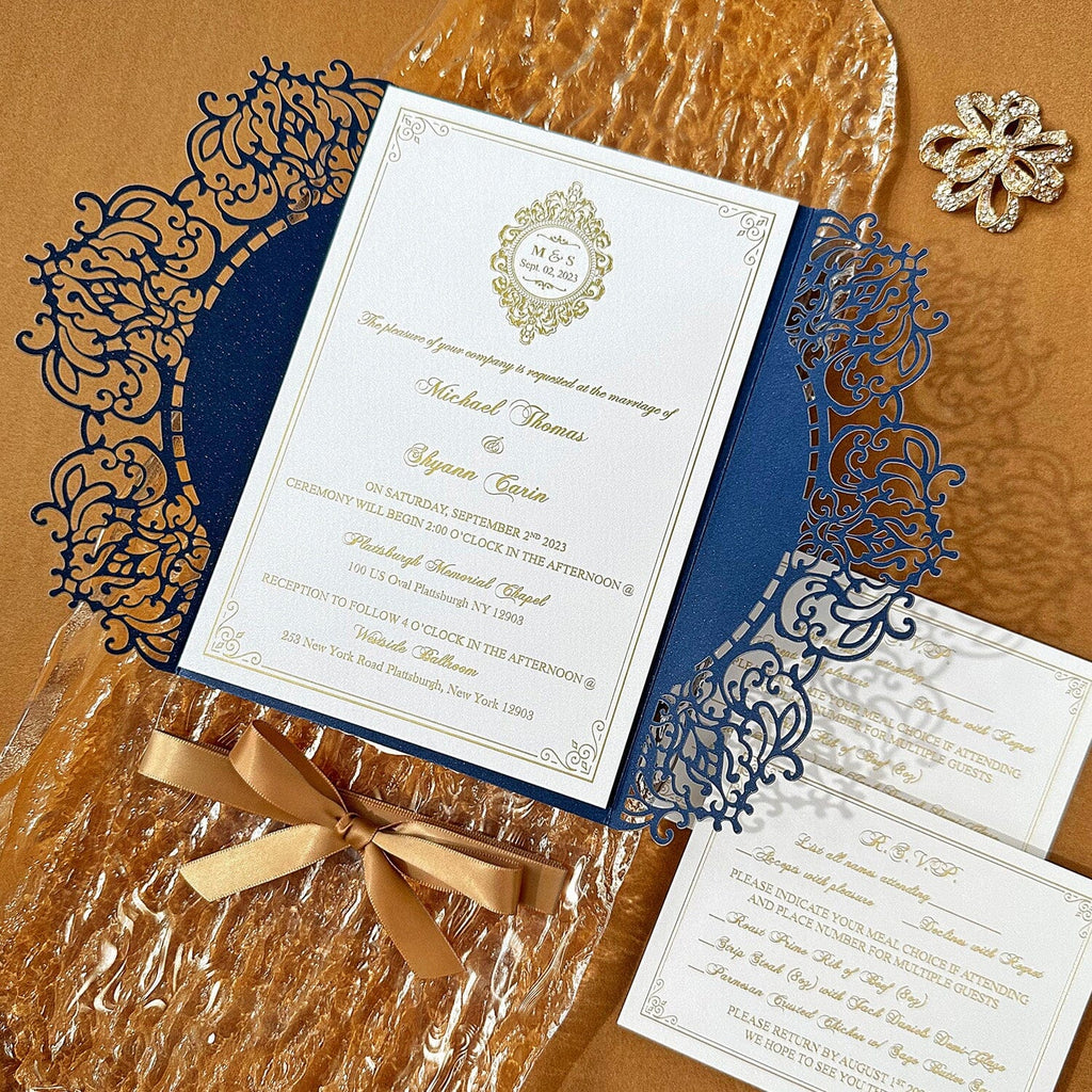 Elegant Navy Blue and Gold Wedding Invitations, Vintage Lace Laser Cut Invites with ribbon, Gold Foil and Pearl Ivory Invitation and RSVP Wedding Ceremony Supplies Picky Bride 