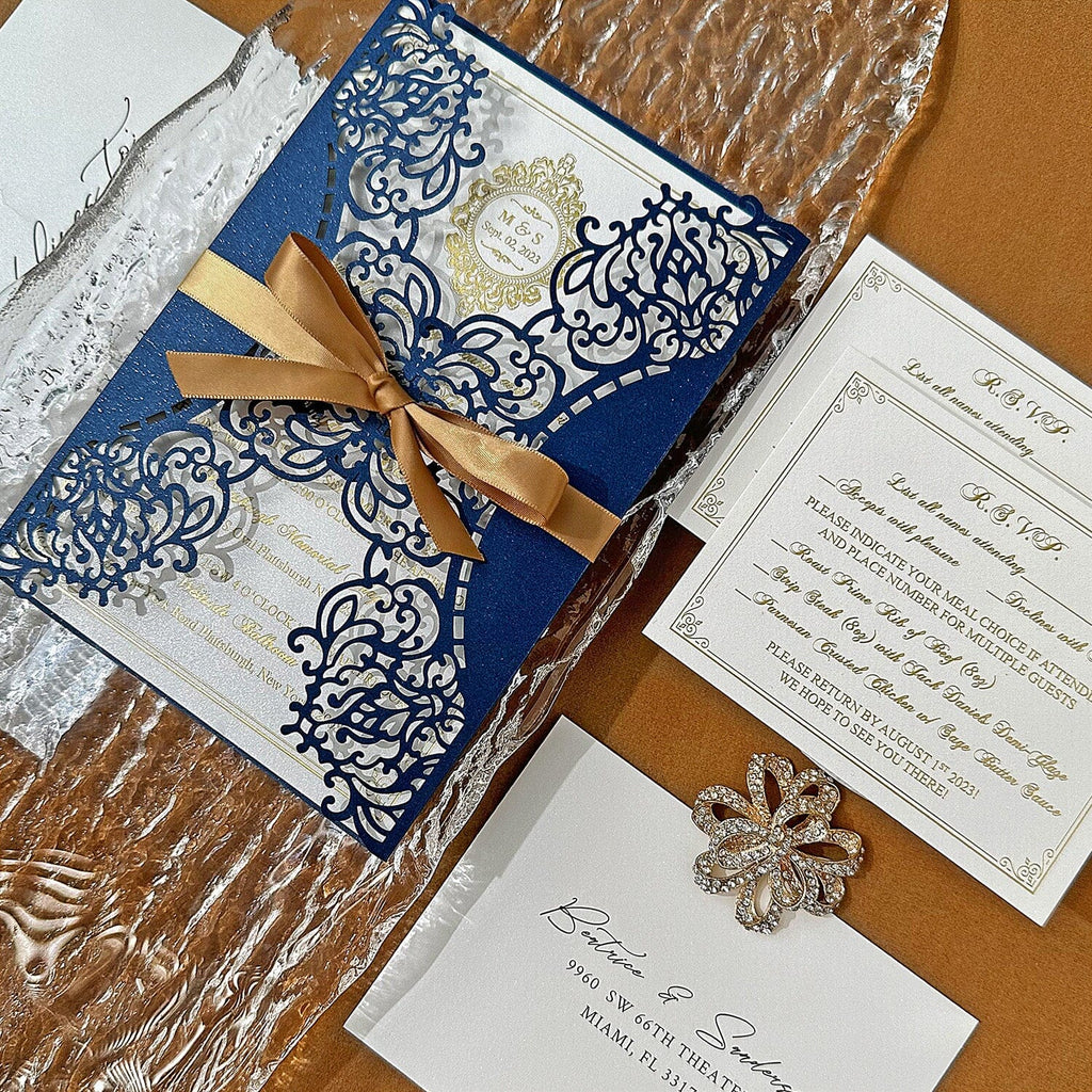 Elegant Navy Blue and Gold Wedding Invitations, Vintage Lace Laser Cut Invites with ribbon, Gold Foil and Pearl Ivory Invitation and RSVP Wedding Ceremony Supplies Picky Bride 