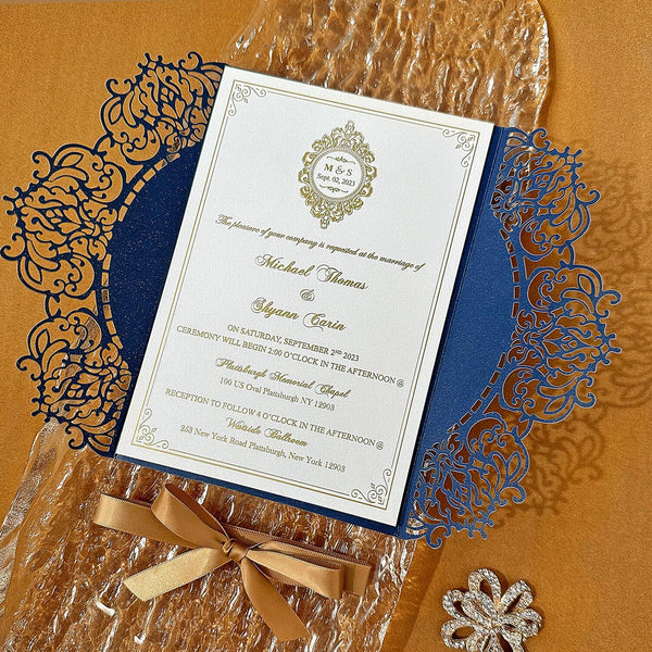 Elegant Navy Blue and Gold Wedding Invitations, Vintage Lace Laser Cut Invites with ribbon, Gold Foil and Pearl Ivory Invitation and RSVP Wedding Ceremony Supplies Picky Bride 