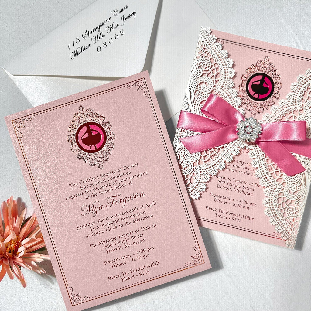 Elegant Rose Gold and Blush Laser Cut Party Invitation, Romanic Pink Gold Foil Invites with Diamante Brooch Bow, Personalized Invitations for Wedding and Quinceanera etc. Wedding Ceremony Supplies Picky Bride 