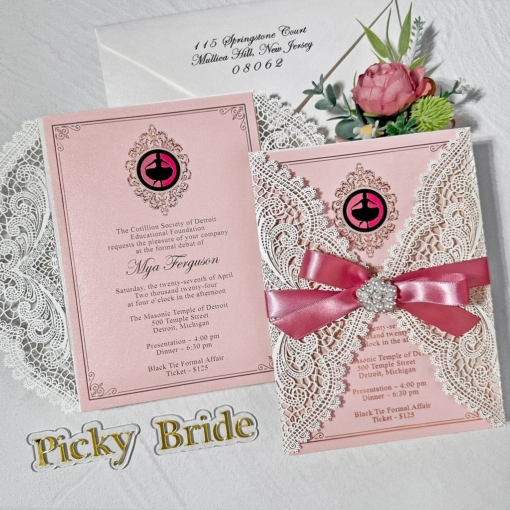Elegant Rose Gold and Blush Laser Cut Party Invitation, Romanic Pink Gold Foil Invites with Diamante Brooch Bow, Personalized Invitations for Wedding and Quinceanera etc. Wedding Ceremony Supplies Picky Bride 