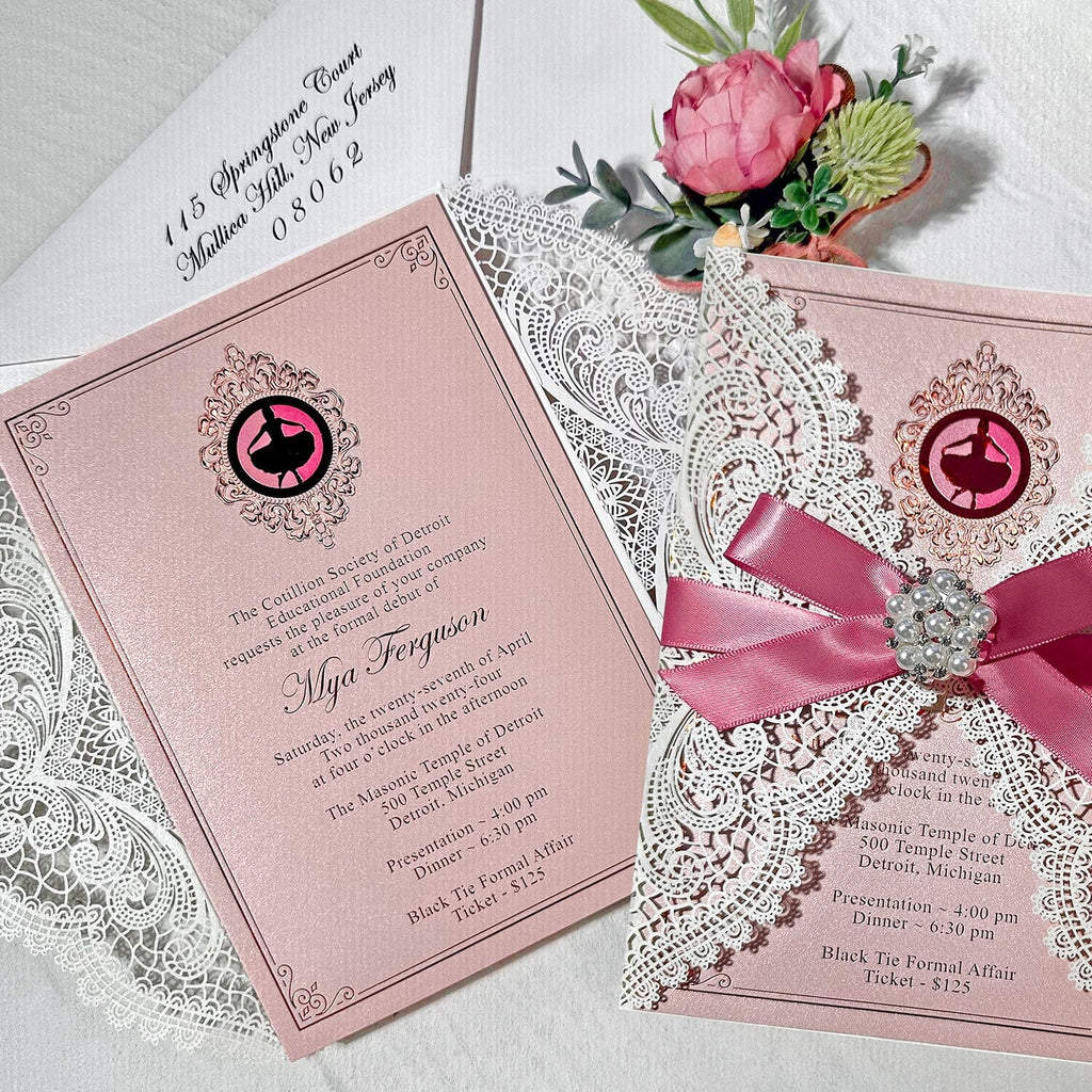 Elegant Rose Gold and Blush Laser Cut Party Invitation, Romanic Pink Gold Foil Invites with Diamante Brooch Bow, Personalized Invitations for Wedding and Quinceanera etc. Wedding Ceremony Supplies Picky Bride 