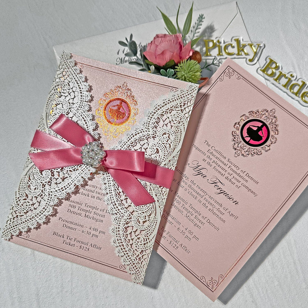Elegant Rose Gold and Blush Laser Cut Party Invitation, Romanic Pink Gold Foil Invites with Diamante Brooch Bow, Personalized Invitations for Wedding and Quinceanera etc. Wedding Ceremony Supplies Picky Bride 