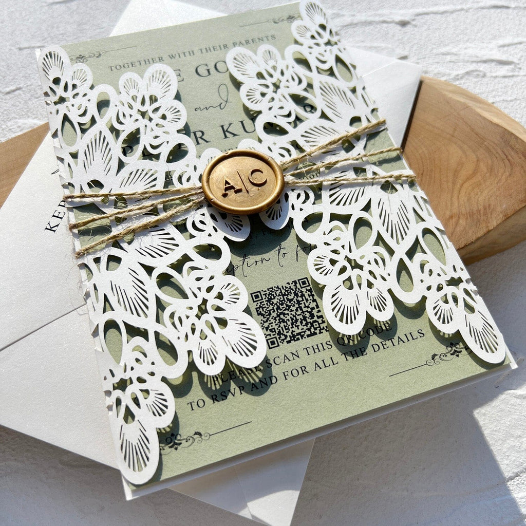 Elegant Sage Green Lace Wedding Invitation, Ivory Laser Cut Covers, Handmade Paper QR Code Invites, Gold Wax Seal Wedding Ceremony Supplies Picky Bride 