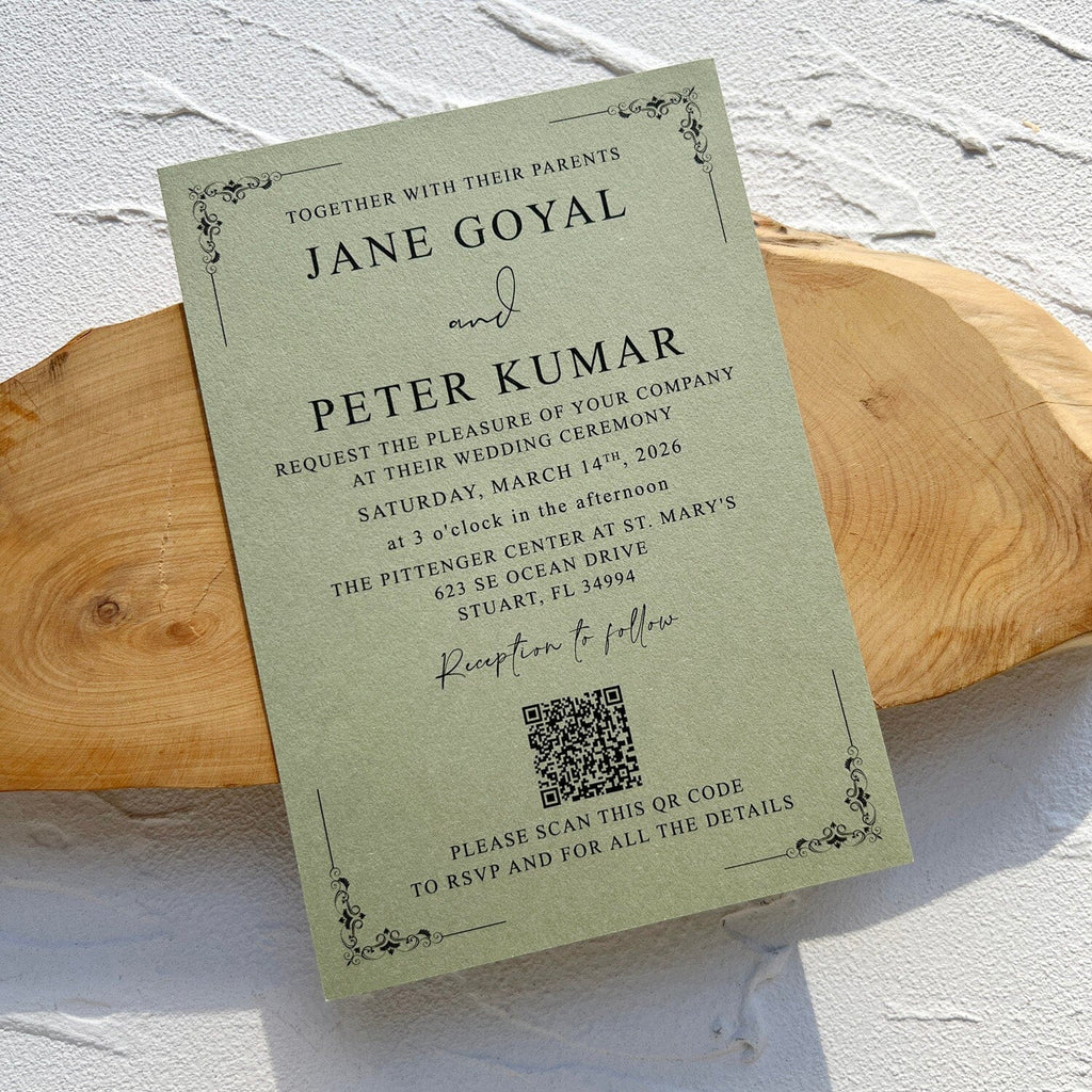 Elegant Sage Green Lace Wedding Invitation, Ivory Laser Cut Covers, Handmade Paper QR Code Invites, Gold Wax Seal Wedding Ceremony Supplies Picky Bride 