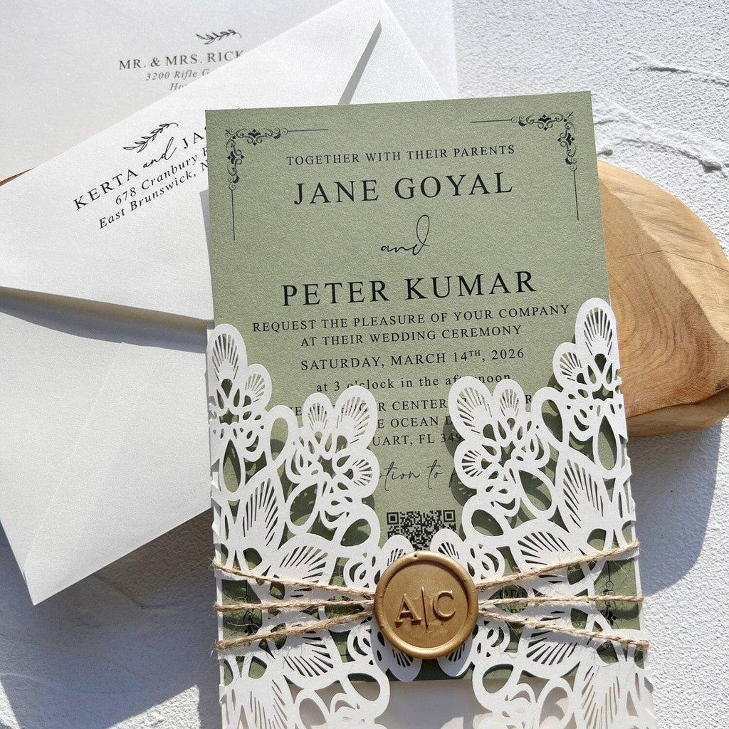 Elegant Sage Green Lace Wedding Invitation, Ivory Laser Cut Covers, Handmade Paper QR Code Invites, Gold Wax Seal Wedding Ceremony Supplies Picky Bride 