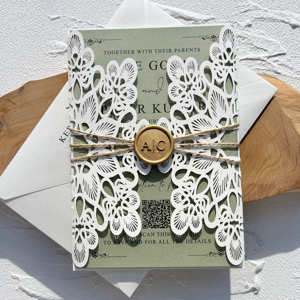 Elegant Sage Green Lace Wedding Invitation, Ivory Laser Cut Covers, Handmade Paper QR Code Invites, Gold Wax Seal Wedding Ceremony Supplies Picky Bride 