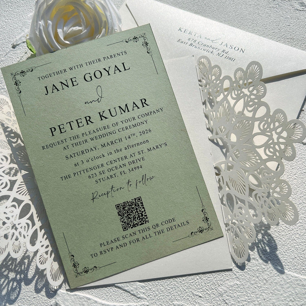 Elegant Sage Green Lace Wedding Invitation, Ivory Laser Cut Covers, Handmade Paper QR Code Invites, Gold Wax Seal Wedding Ceremony Supplies Picky Bride 