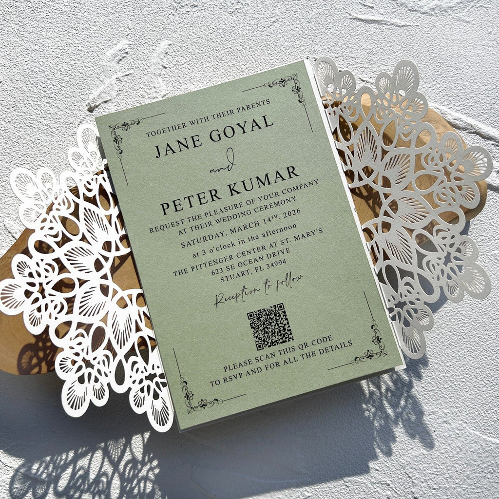 Elegant Sage Green Lace Wedding Invitation, Ivory Laser Cut Covers, Handmade Paper QR Code Invites, Gold Wax Seal Wedding Ceremony Supplies Picky Bride 