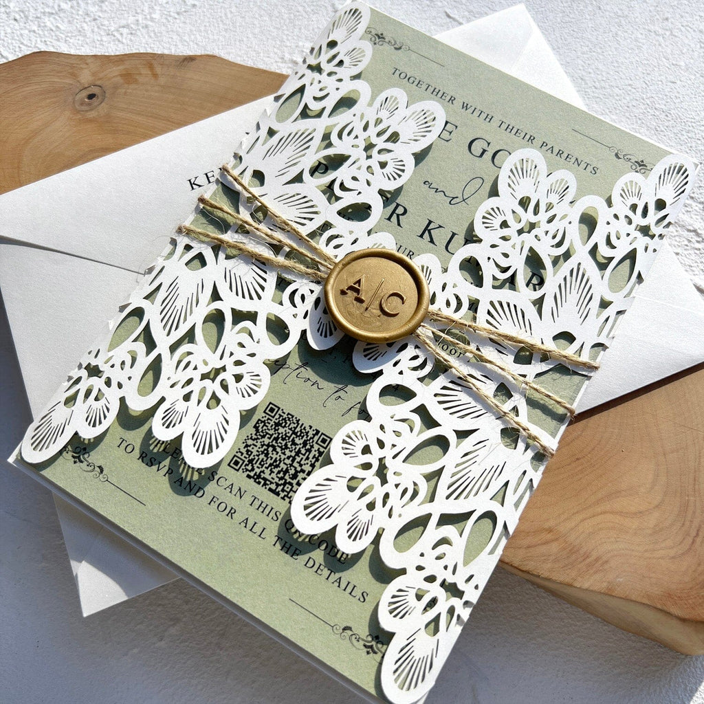 Elegant Sage Green Lace Wedding Invitation, Ivory Laser Cut Covers, Handmade Paper QR Code Invites, Gold Wax Seal Wedding Ceremony Supplies Picky Bride 