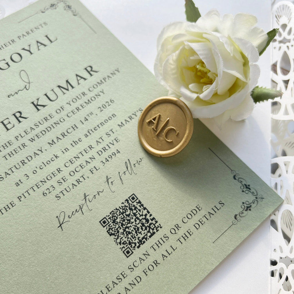 Elegant Sage Green Lace Wedding Invitation, Ivory Laser Cut Covers, Handmade Paper QR Code Invites, Gold Wax Seal Wedding Ceremony Supplies Picky Bride 