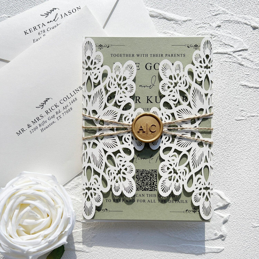 Elegant Sage Green Lace Wedding Invitation, Ivory Laser Cut Covers, Handmade Paper QR Code Invites, Gold Wax Seal Wedding Ceremony Supplies Picky Bride 