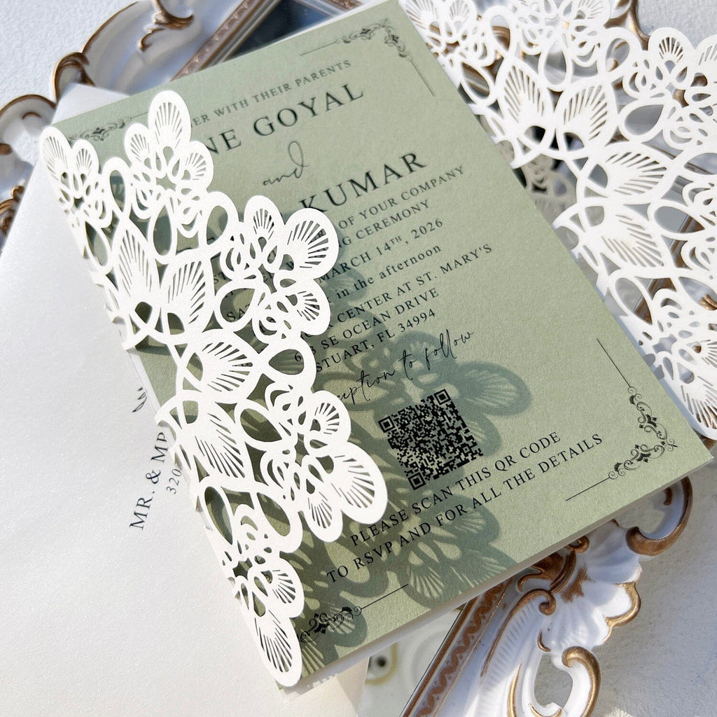 Elegant Sage Green Lace Wedding Invitation, Ivory Laser Cut Covers, Handmade Paper QR Code Invites, Gold Wax Seal Wedding Ceremony Supplies Picky Bride 
