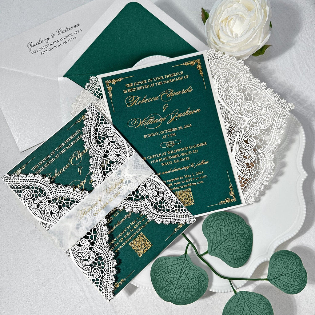 Emerald Green and Gold QR Code Wedding Invitation, Elegant White Lace Laser Cut Invites, Customized Gold Foil Vellum Belly Bands, Vintage Wedding Invites Wedding Ceremony Supplies Picky Bride 