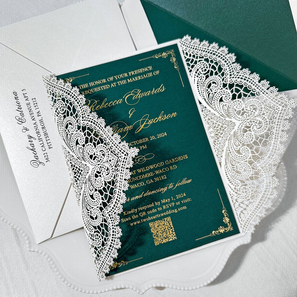 Emerald Green and Gold QR Code Wedding Invitation, Elegant White Lace Laser Cut Invites, Customized Gold Foil Vellum Belly Bands, Vintage Wedding Invites Wedding Ceremony Supplies Picky Bride 