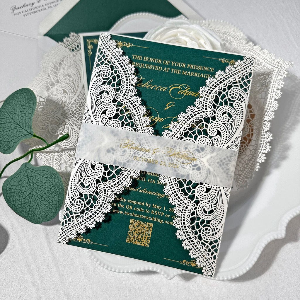 Emerald Green and Gold QR Code Wedding Invitation, Elegant White Lace Laser Cut Invites, Customized Gold Foil Vellum Belly Bands, Vintage Wedding Invites Wedding Ceremony Supplies Picky Bride 