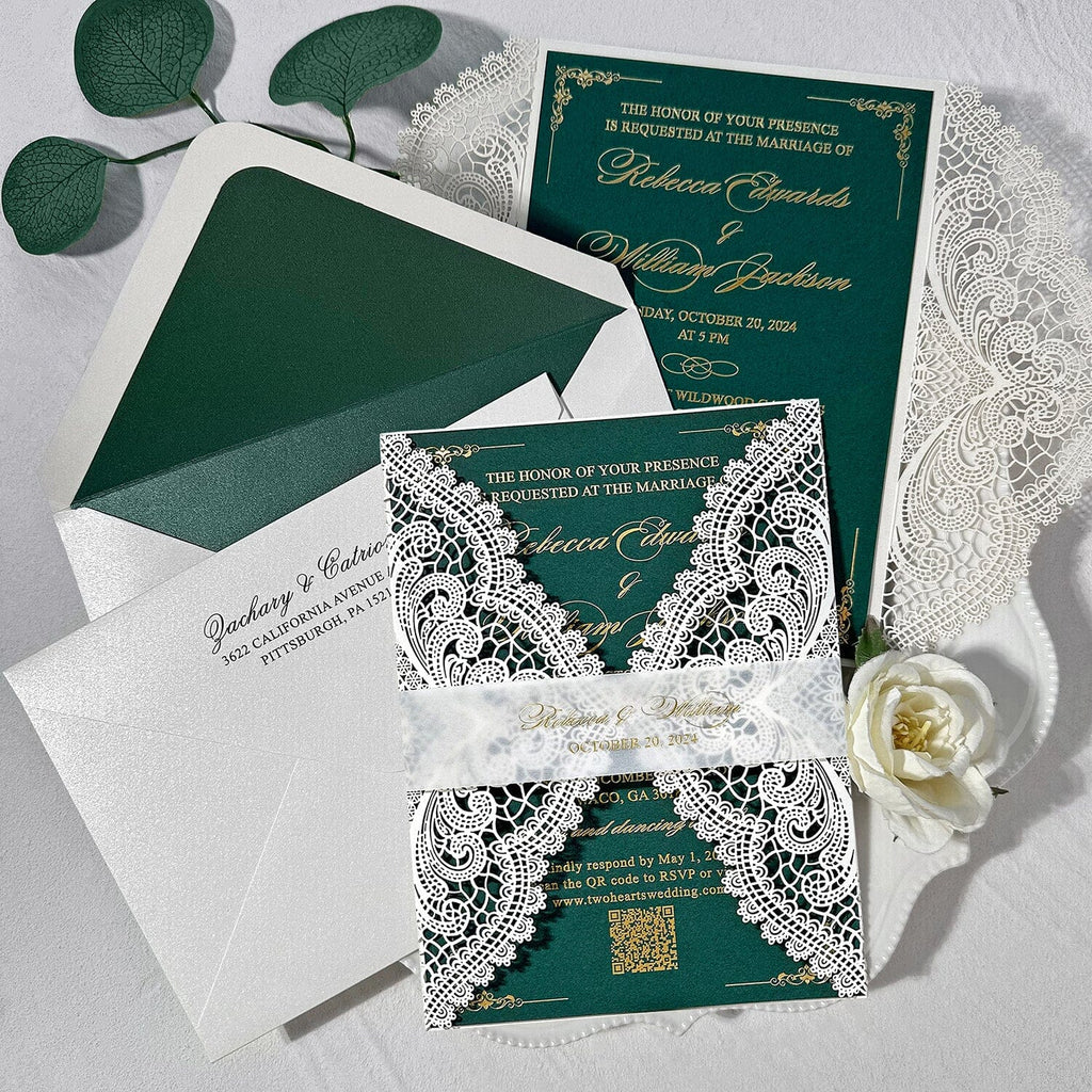 Emerald Green and Gold QR Code Wedding Invitation, Elegant White Lace Laser Cut Invites, Customized Gold Foil Vellum Belly Bands, Vintage Wedding Invites Wedding Ceremony Supplies Picky Bride 