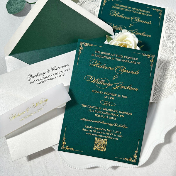 Emerald Green and Gold QR Code Wedding Invitation, Elegant White Lace Laser Cut Invites, Customized Gold Foil Vellum Belly Bands, Vintage Wedding Invites Wedding Ceremony Supplies Picky Bride 