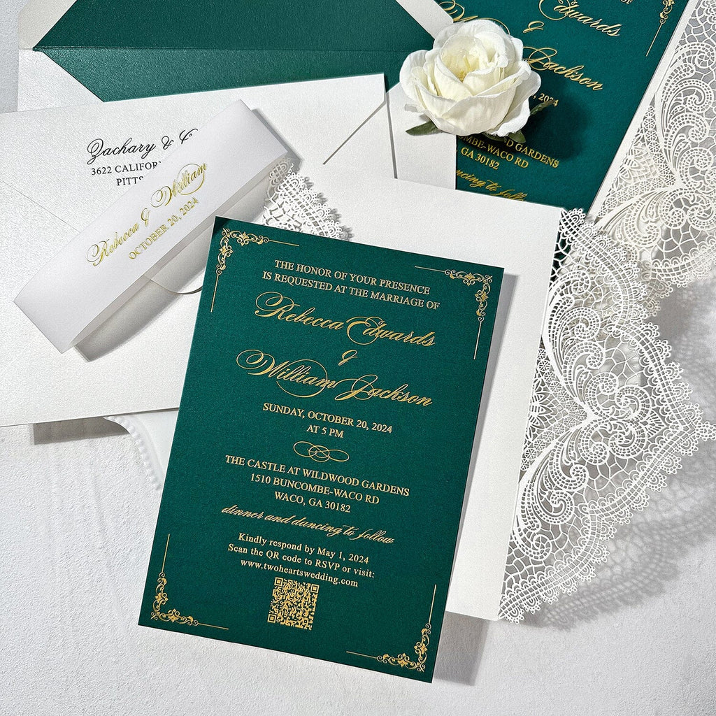 Emerald Green and Gold QR Code Wedding Invitation, Elegant White Lace Laser Cut Invites, Customized Gold Foil Vellum Belly Bands, Vintage Wedding Invites Wedding Ceremony Supplies Picky Bride 