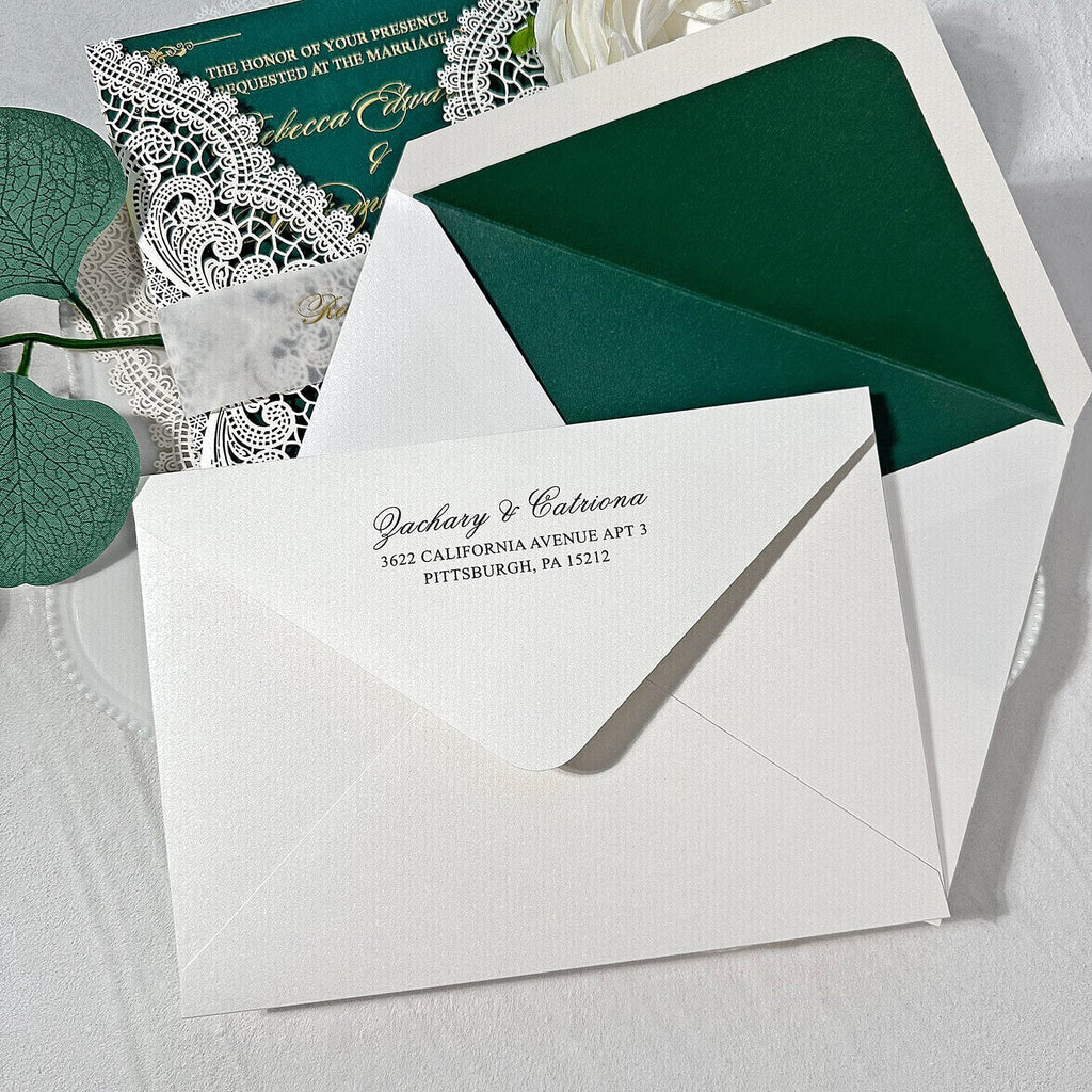 Emerald Green and Gold QR Code Wedding Invitation, Elegant White Lace Laser Cut Invites, Customized Gold Foil Vellum Belly Bands, Vintage Wedding Invites Wedding Ceremony Supplies Picky Bride 