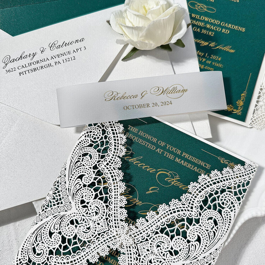 Emerald Green and Gold QR Code Wedding Invitation, Elegant White Lace Laser Cut Invites, Customized Gold Foil Vellum Belly Bands, Vintage Wedding Invites Wedding Ceremony Supplies Picky Bride 