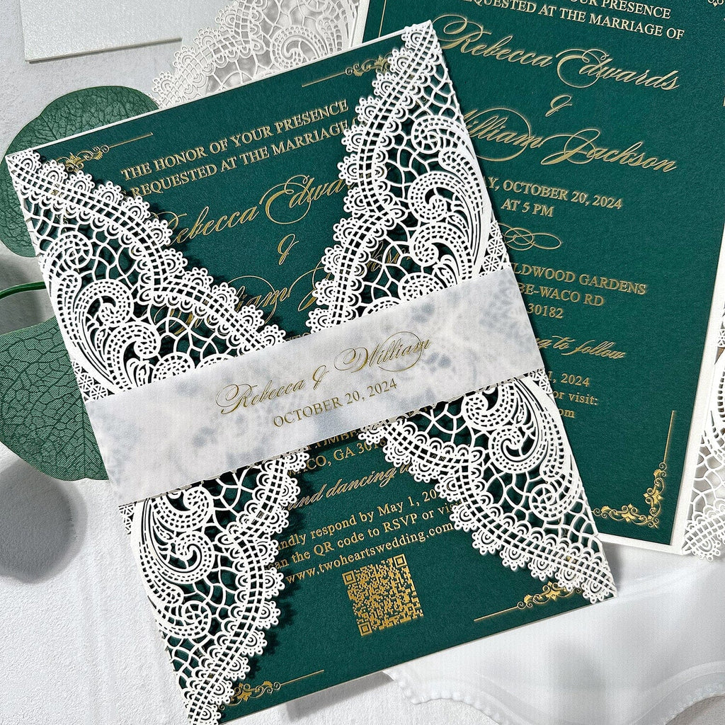 Emerald Green and Gold QR Code Wedding Invitation, Elegant White Lace Laser Cut Invites, Customized Gold Foil Vellum Belly Bands, Vintage Wedding Invites Wedding Ceremony Supplies Picky Bride 