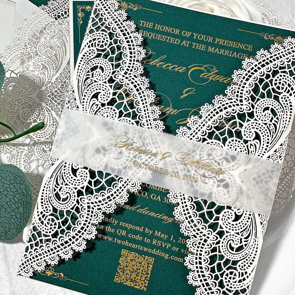 Emerald Green and Gold QR Code Wedding Invitation, Elegant White Lace Laser Cut Invites, Customized Gold Foil Vellum Belly Bands, Vintage Wedding Invites Wedding Ceremony Supplies Picky Bride 