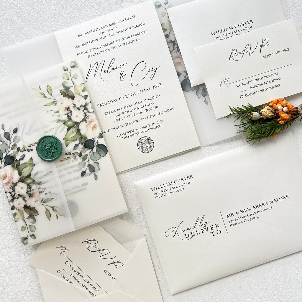 Eucalyptus Leaves Wedding Invitation Set for Green Wedding, Greenery Boho Wedding Invite Cards with QR Code Wedding Ceremony Supplies Picky Bride Invitations + RSVP 