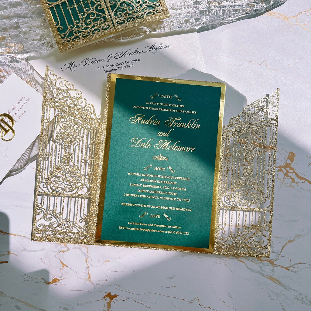 Glitter Gold Gate Wedding Invitation, Emerald Green and Gold Foil Invites, Acrylic Personalized Logo, Golden Invites Cards Wedding Ceremony Supplies Picky Bride 