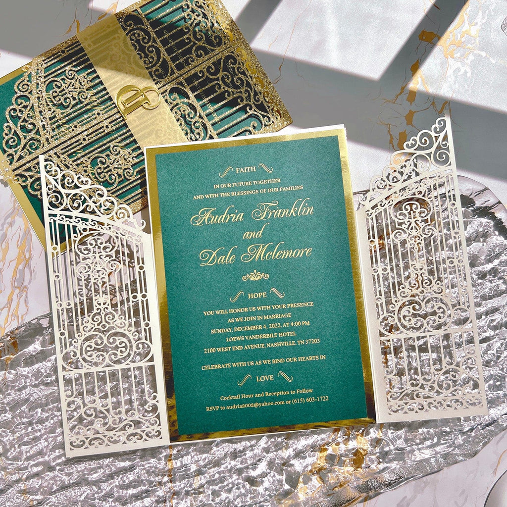 Glitter Gold Gate Wedding Invitation, Emerald Green and Gold Foil Invites, Acrylic Personalized Logo, Golden Invites Cards Wedding Ceremony Supplies Picky Bride 