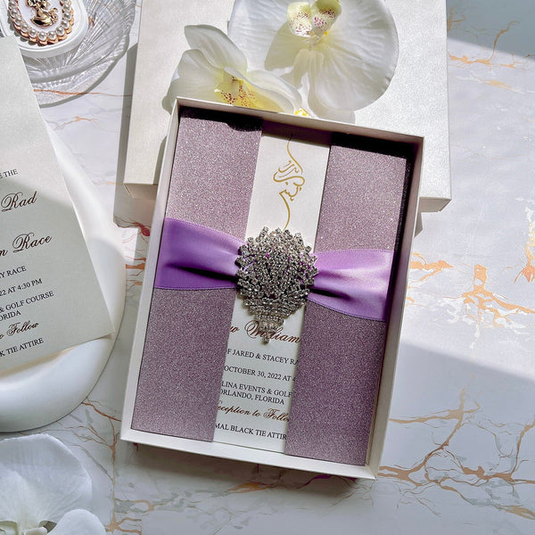 Glitter Lavender Diamond Wedding Invitations, Luxury Purple and Gold Foil Boxed Invites Picky Bride 