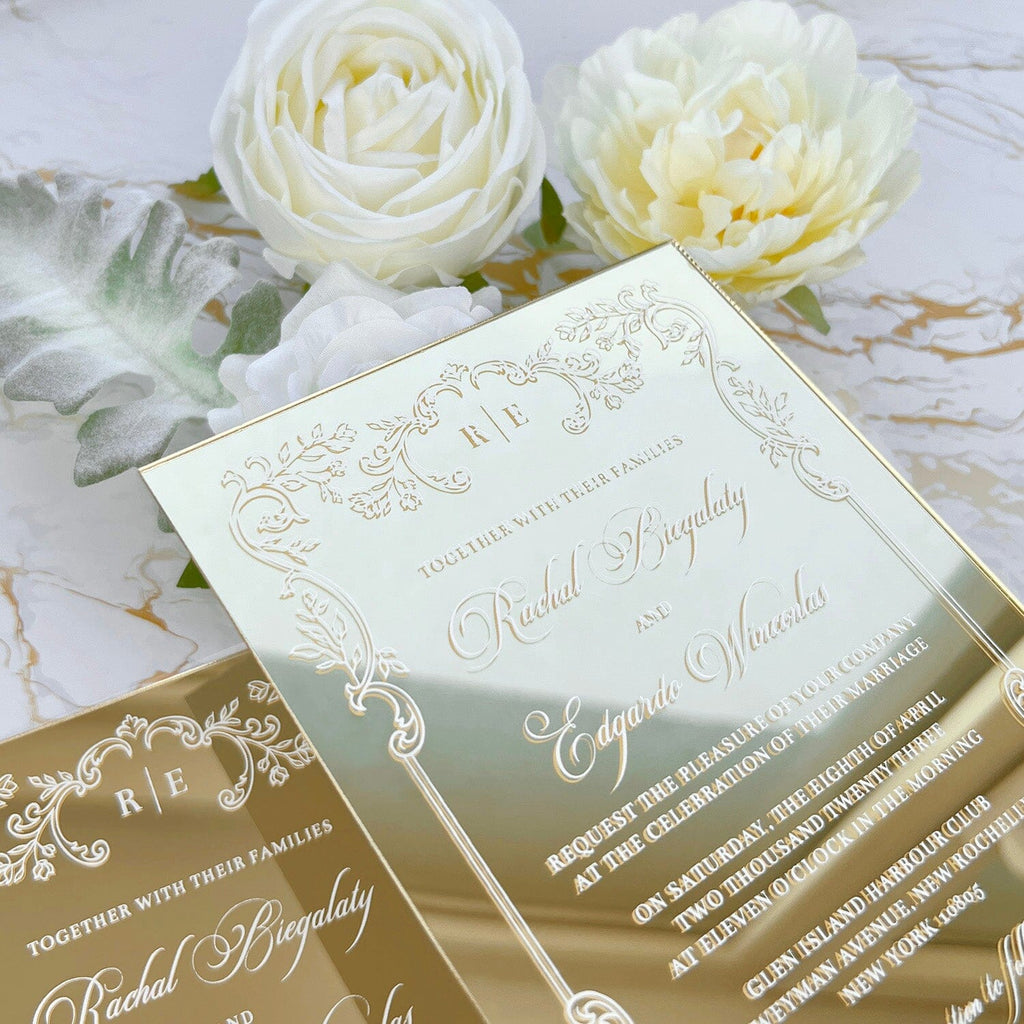 Gold Acrylic Mirror Wedding Invitation, Elegant Invites Cards with Filigree Frame Wedding Ceremony Supplies Picky Bride 