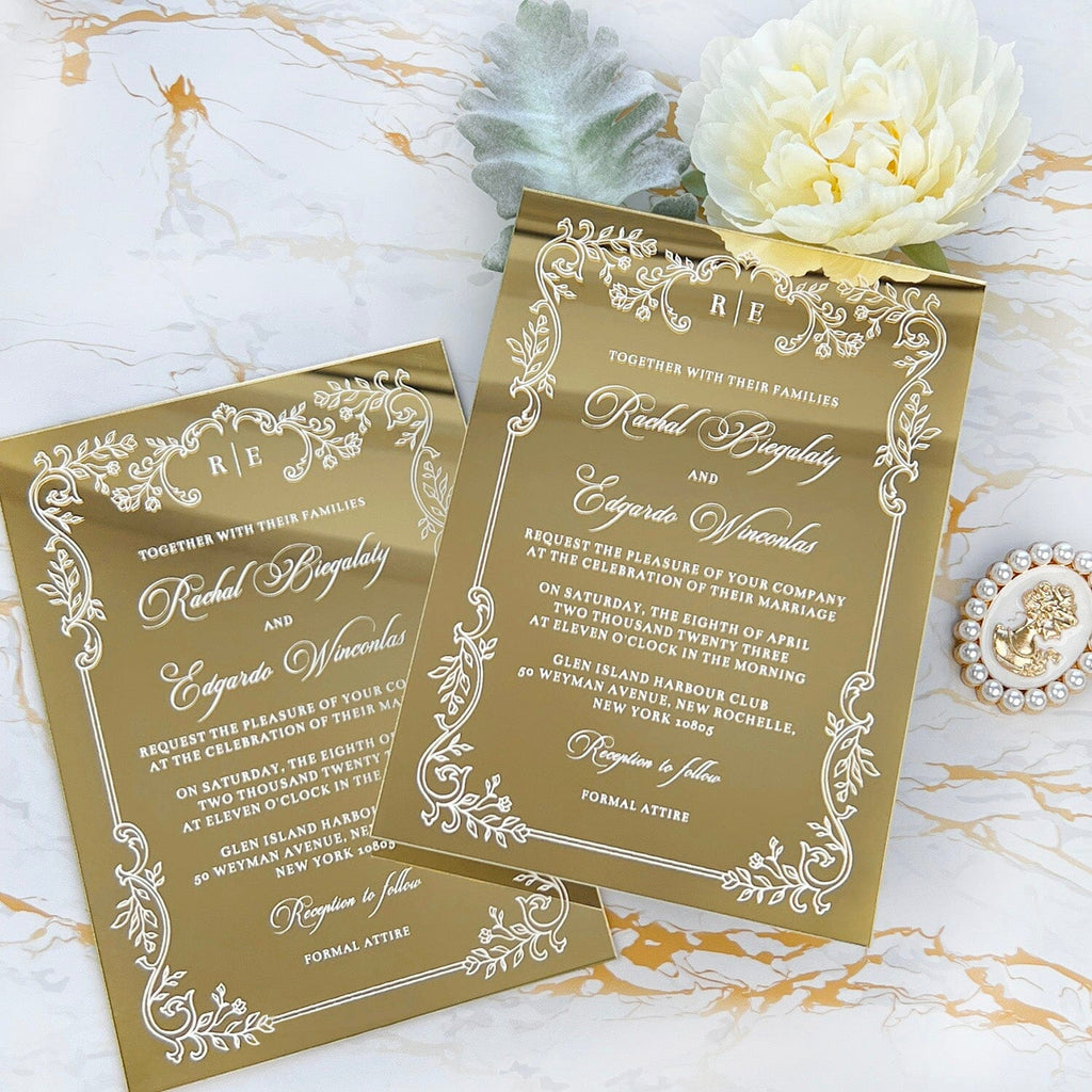 Gold Acrylic Mirror Wedding Invitation, Elegant Invites Cards with Filigree Frame Wedding Ceremony Supplies Picky Bride 