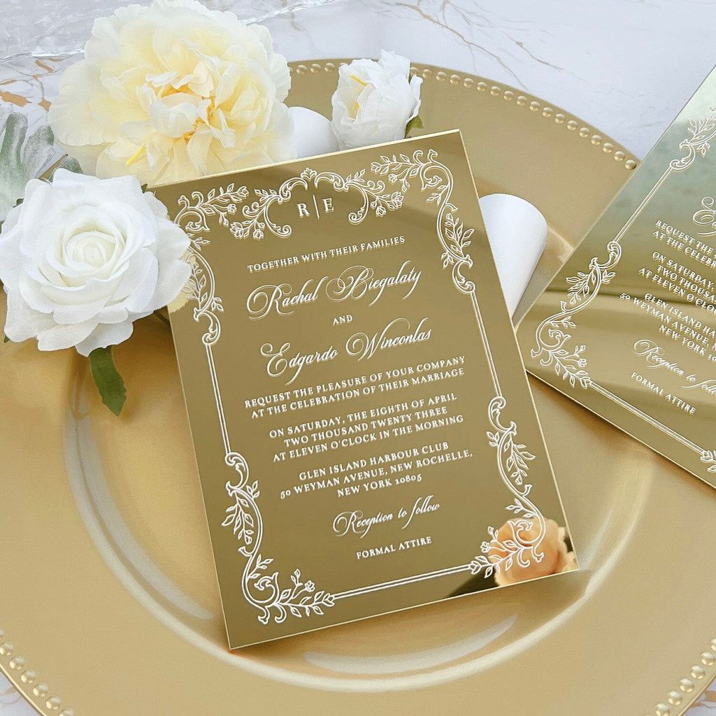 Gold Acrylic Mirror Wedding Invitation, Elegant Invites Cards with Filigree Frame Wedding Ceremony Supplies Picky Bride 